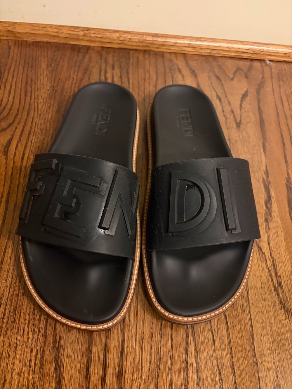 Fendi Black Logo Slide Sandals with Brown Trim